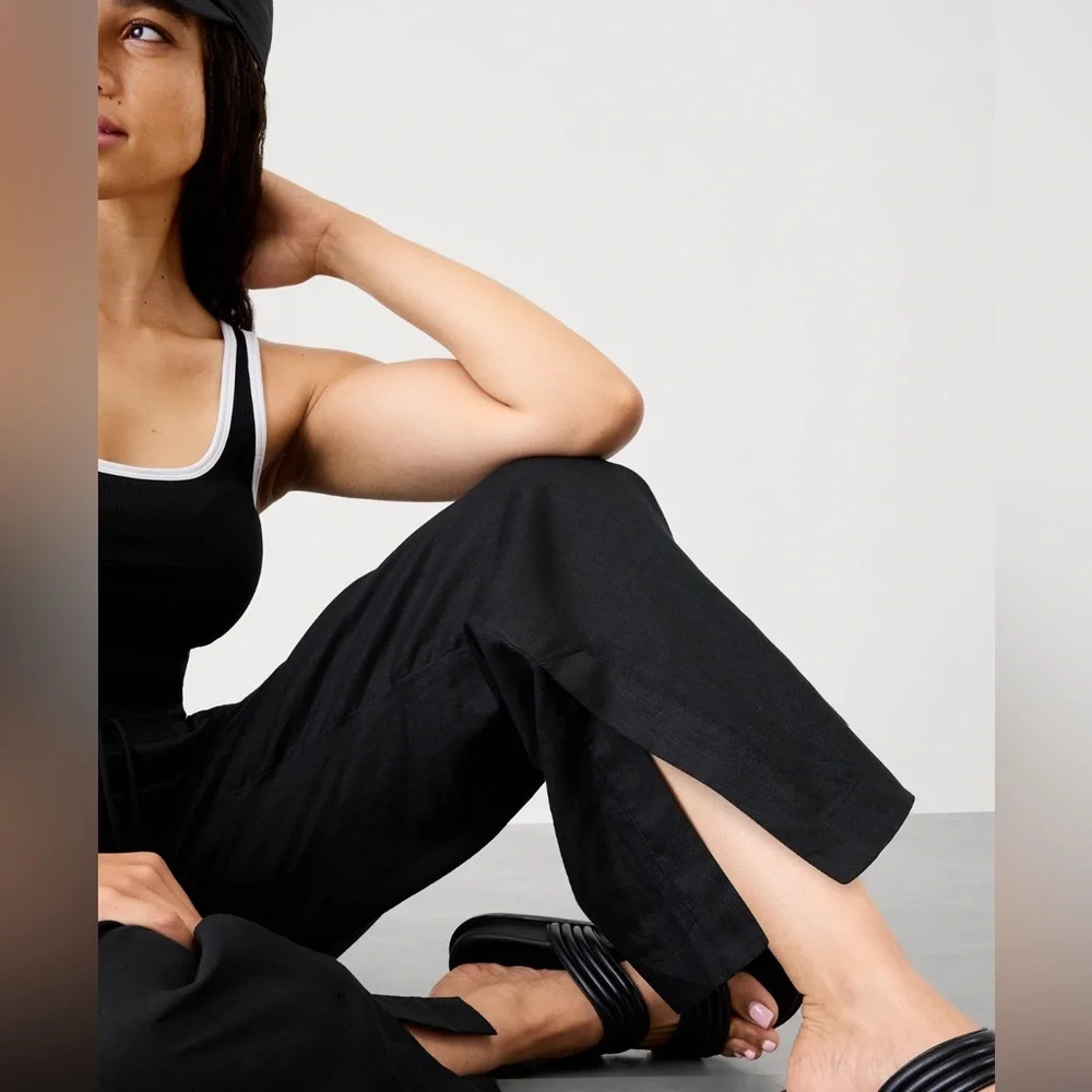 NWT Athleta Retreat Linen Wide Leg Black Pant Size Large